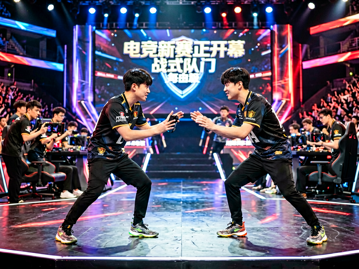 电竞比赛现场，选手在舞台上激烈对战